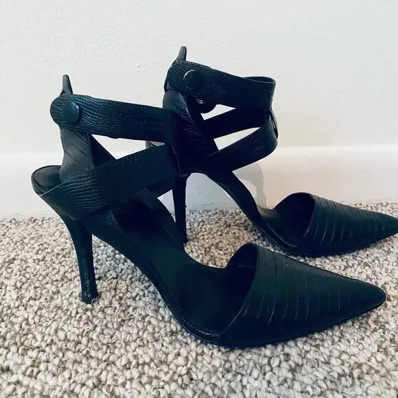 🛑SOLD🛑 Alexander Wang Sonja Heels Size 39 8.5 Black Point Toe Reptile Designer - Picture 2 of 12
